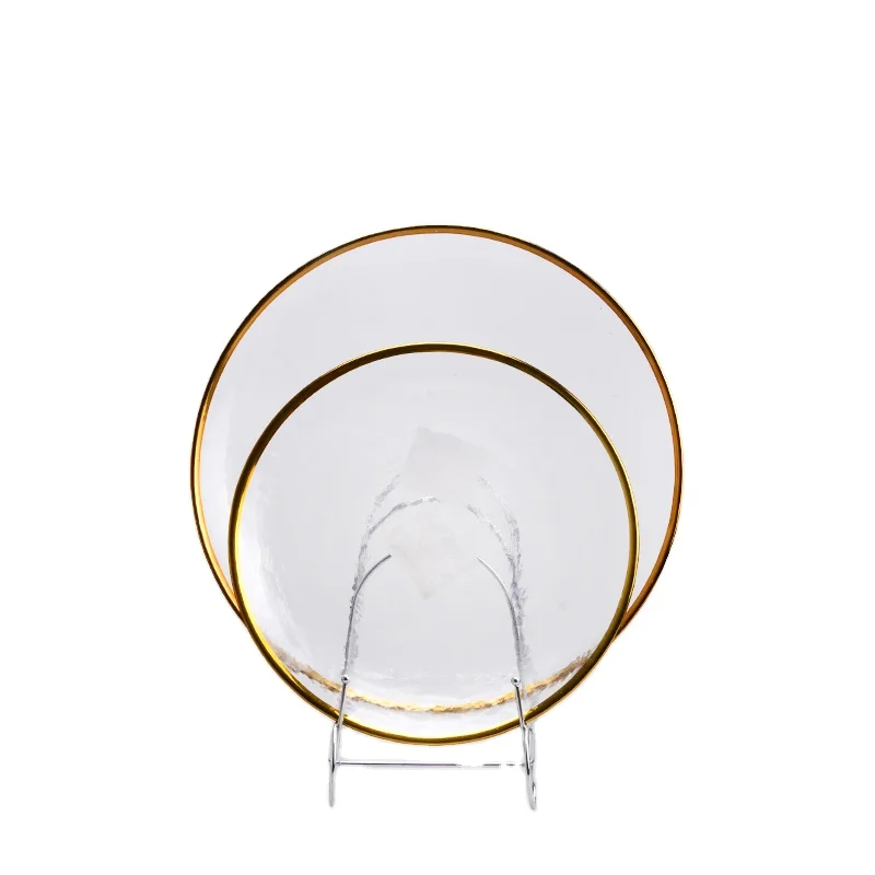 Wholesale Wedding Party Exquisite Round Tableware Glass Dinner Plates Gold  Rim Plate Glass