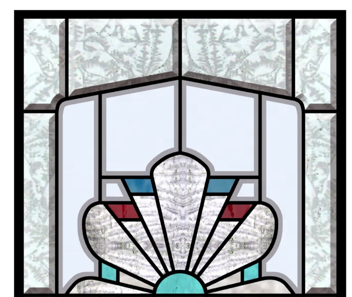 beveled glass window in oak frame with brass capped lead came