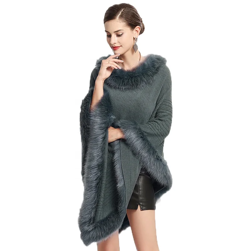 
Wholesale Ladies Winter Faux Fur Cape Long Custom Pullover Cloak Coat Knitted Poncho Women Cape 