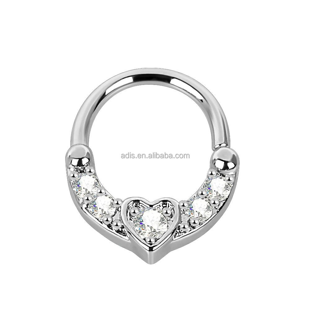 Fashion Glued Gem Surgical Piercing Jewelry Women Nose Ring Heart Shape Stainless Steel Septum Clicke Earring