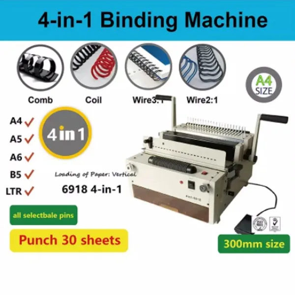 NanBo 6918 Multi-functional 4-in-1 All in one Electric Power Wire Coil Comb Binding Machine
