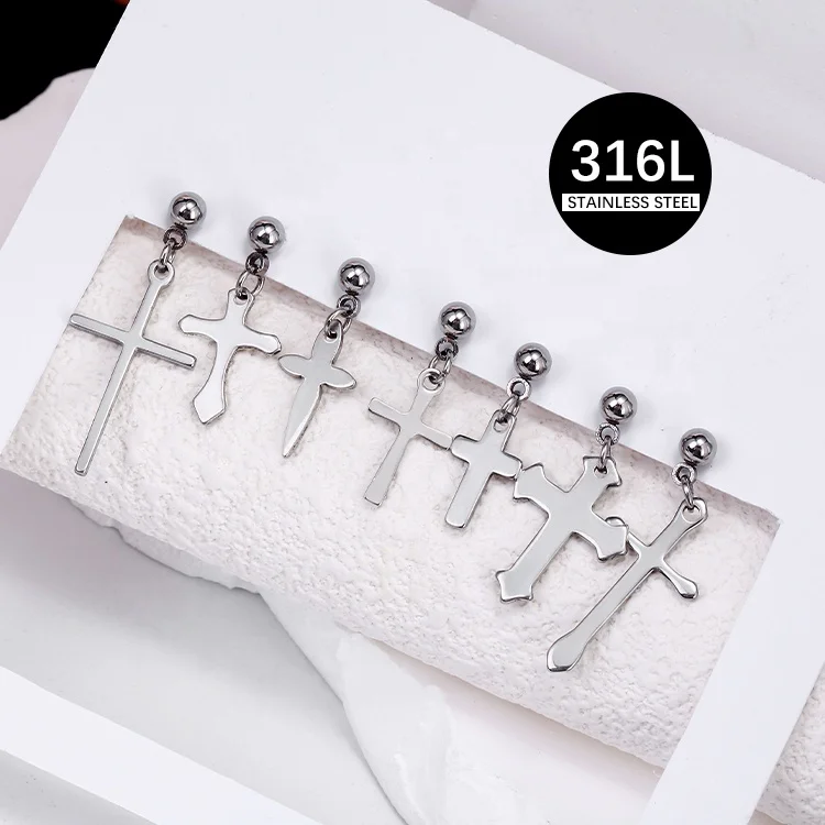 Personalized Gold Plated Silver Gothic Stud Earring Stainless Steel Cross Earrings For Men