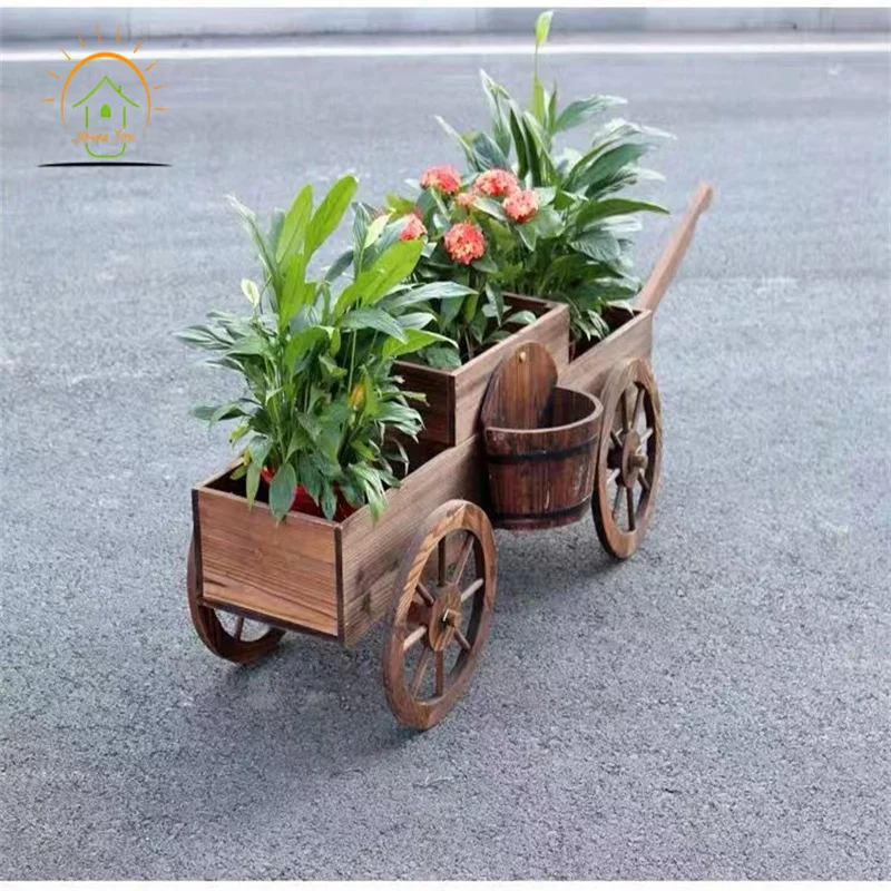Movable Solid Wood Four-wheel Garden Rustic Wooden Flower Cart Wood Wagon Planter