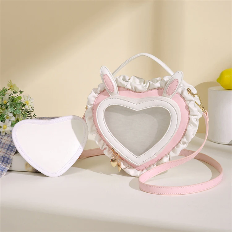 2024 New Rabbit Ears Peach Heart Bag Transparent PVC Sweet and Cute Lace ITA Bag Custom Student Shoulder ITA Bag