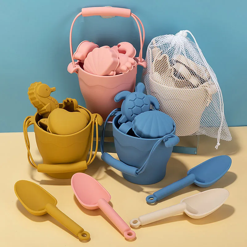 Custom BPA ECO Portable Sand Beach Toys Bucket Pail Spade Beach Toys For Kids Silicone Beach Toy Set