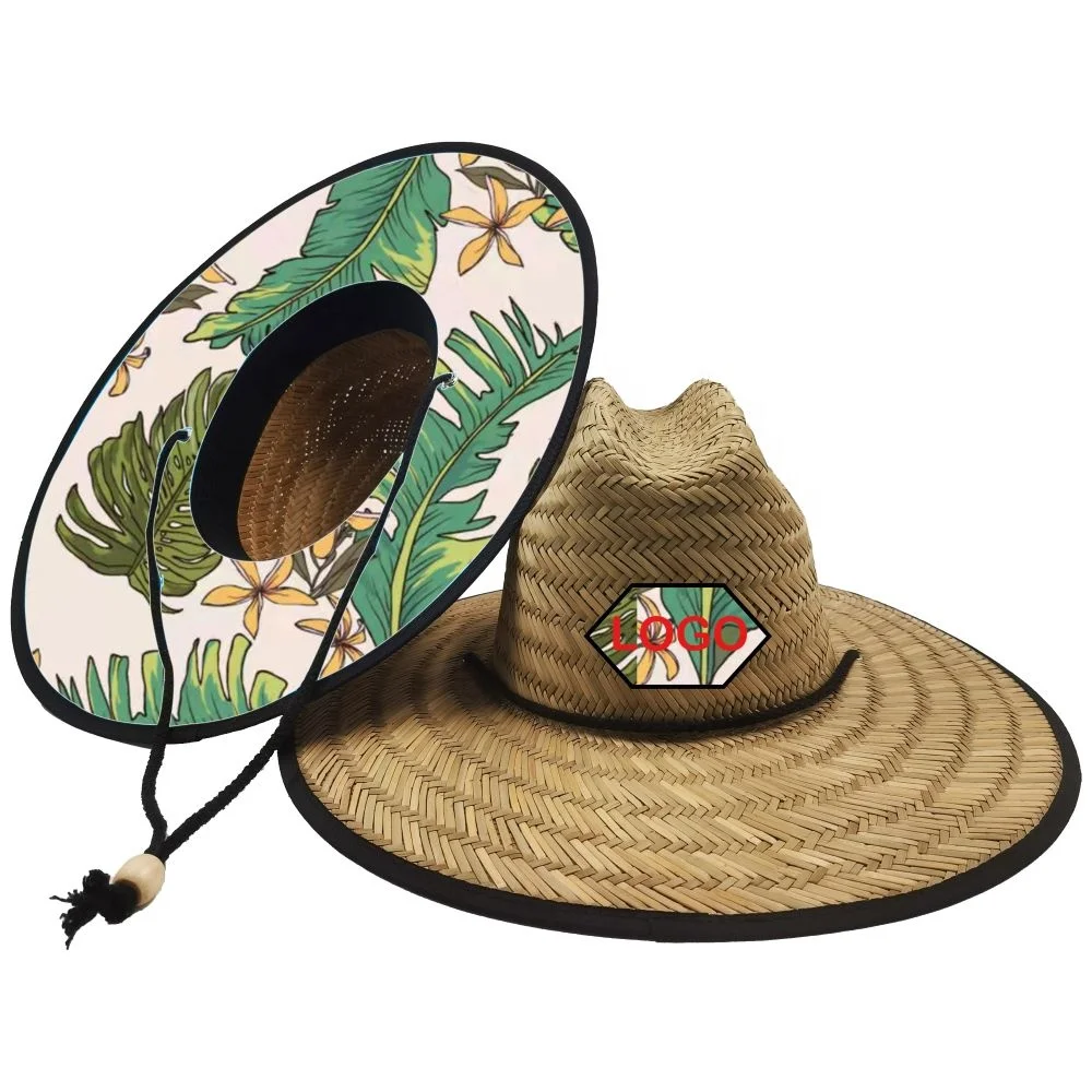 wholesale printed underneath buy bulk summer sun beach fishing surf big wide brim Tomboy Straw Hat with chain strap