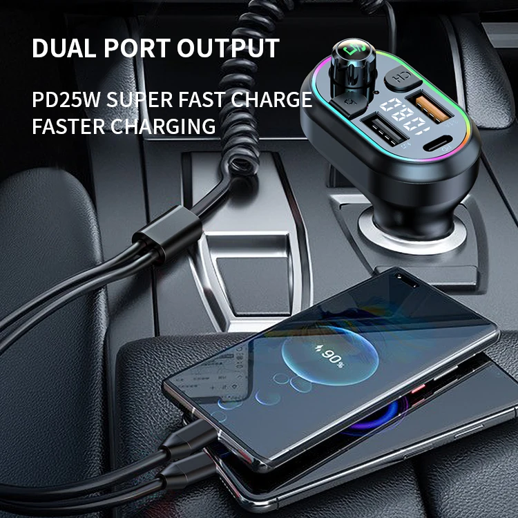Handsfree Car Kit FM Transmitter 25W PD Fast Charge U Disk Wireless Audio Receiver Car MP3 Player wtih Expansion Cable