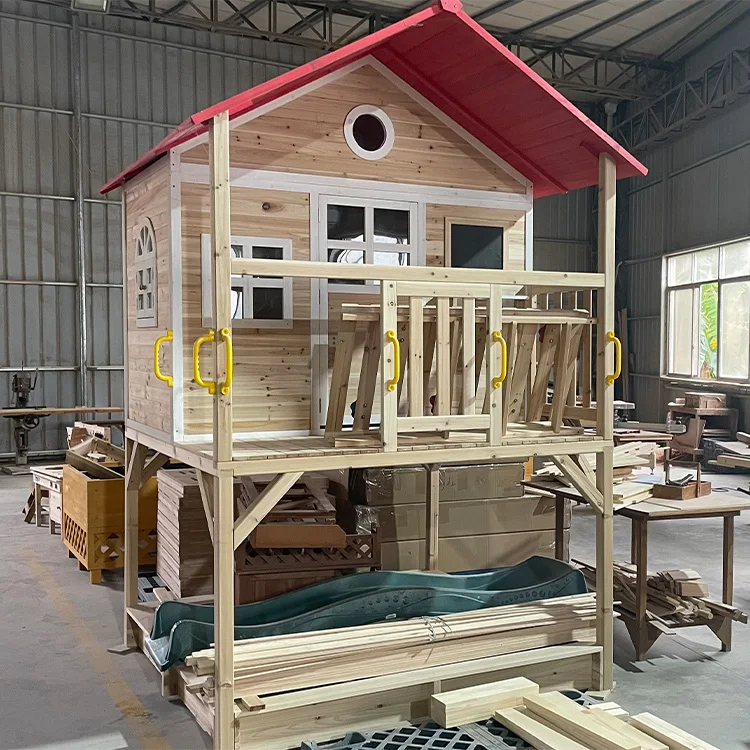 Backyard Outdoor Wood Playhouses Kids Cubby House with Slide and Climbing Wooden Custom Wooden House for Children Hemlock Spruce