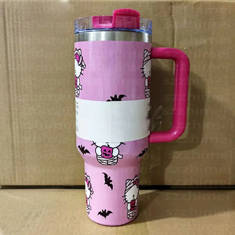 Custom Cartoon Kitty Stainless Steel 3d Uv Printed Halloween Spooky Pumpkin 40oz Cups Tumbler Mug With Handle And Straw Lid