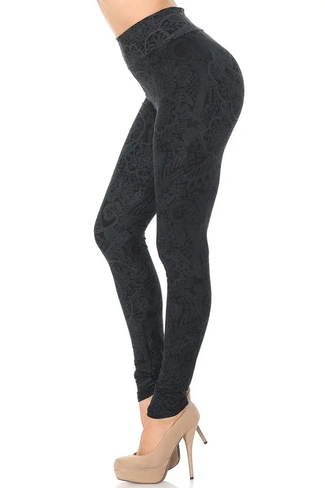 Wholesale High Waist Black Color Paisley Floral Prints Buttery Soft 92 Polyester 8 Spandex Fashion Leggings for Women