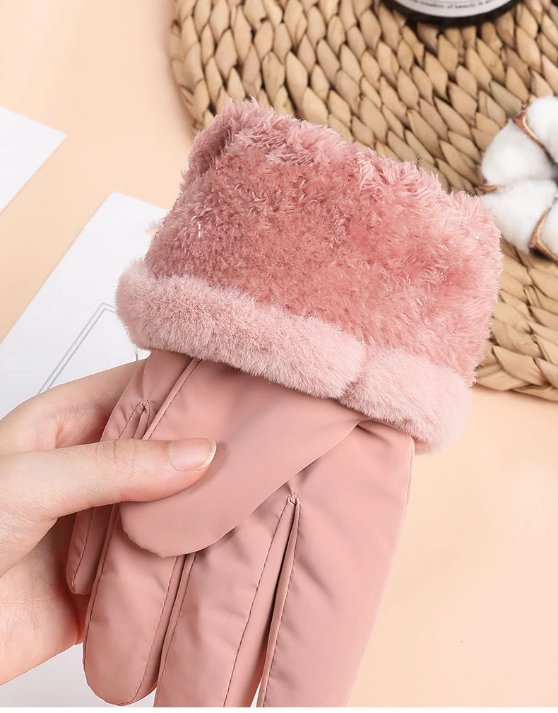 Warm Fleece Windproof Waterproof Elegant Bow Women Pink Gray Screen Touch Hand Gloves