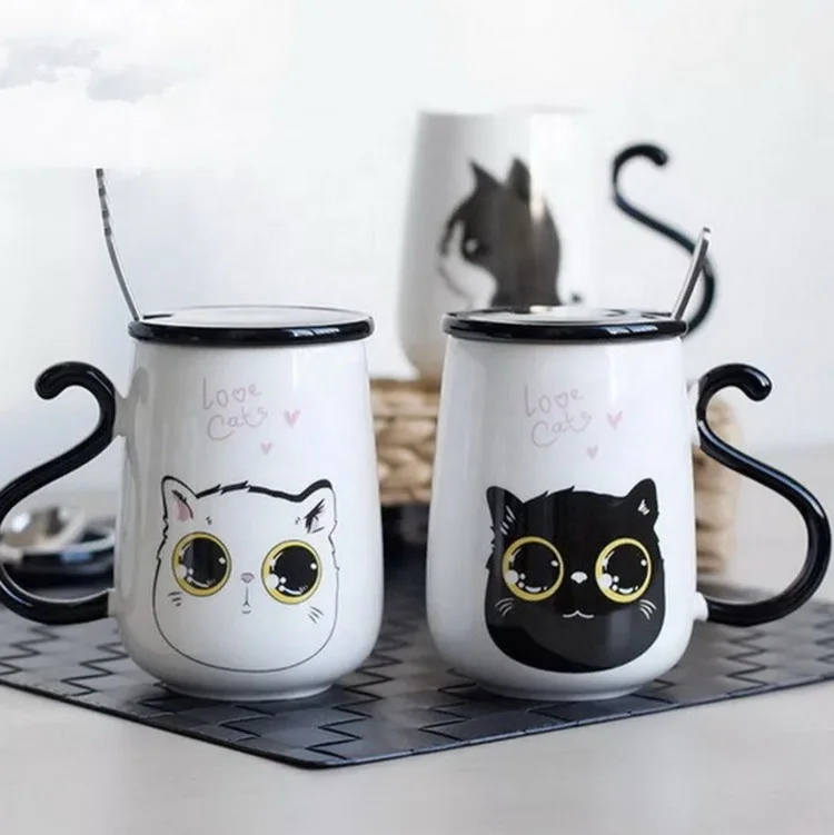 lovely 470ml white cartoon cat lovers couples ceramic mug with black tail handle lid and spoon