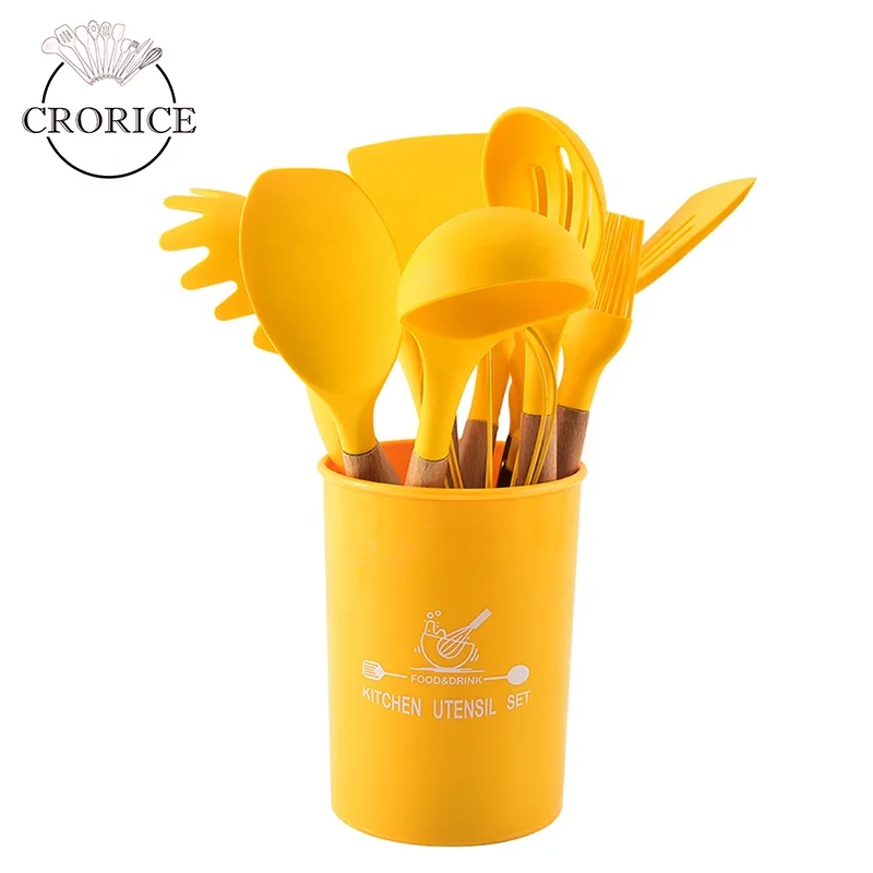 
Wholesale multi functional kitchen accessories silicone kitchen utensil set with Beech wood Handle 