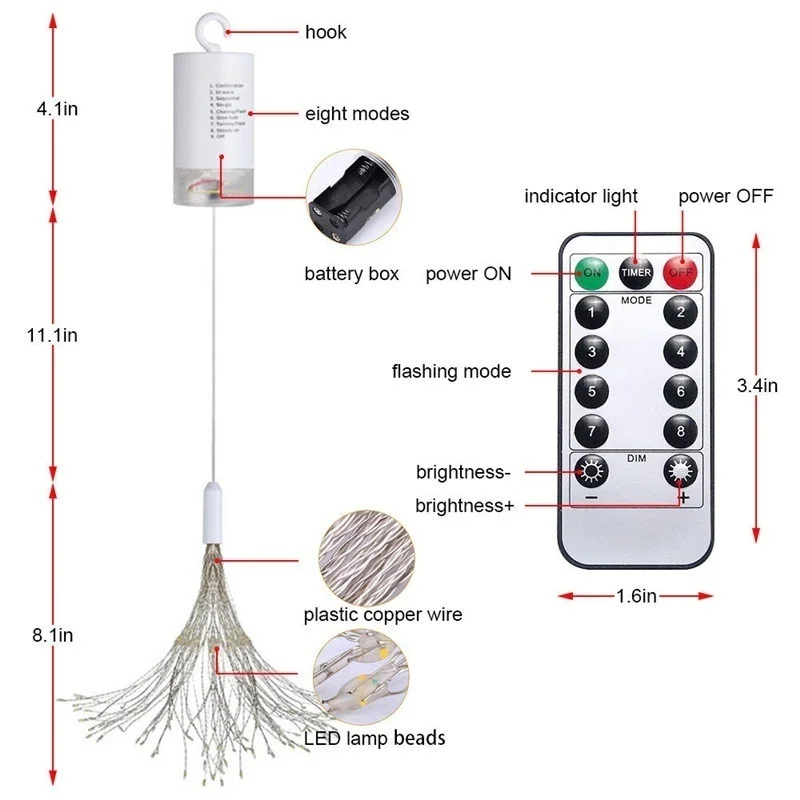 180 LED Firework String Lights 8 Mode Explosion Star Copper Silver Wire Fairy Light Decoration Lamp Remote Control String Light