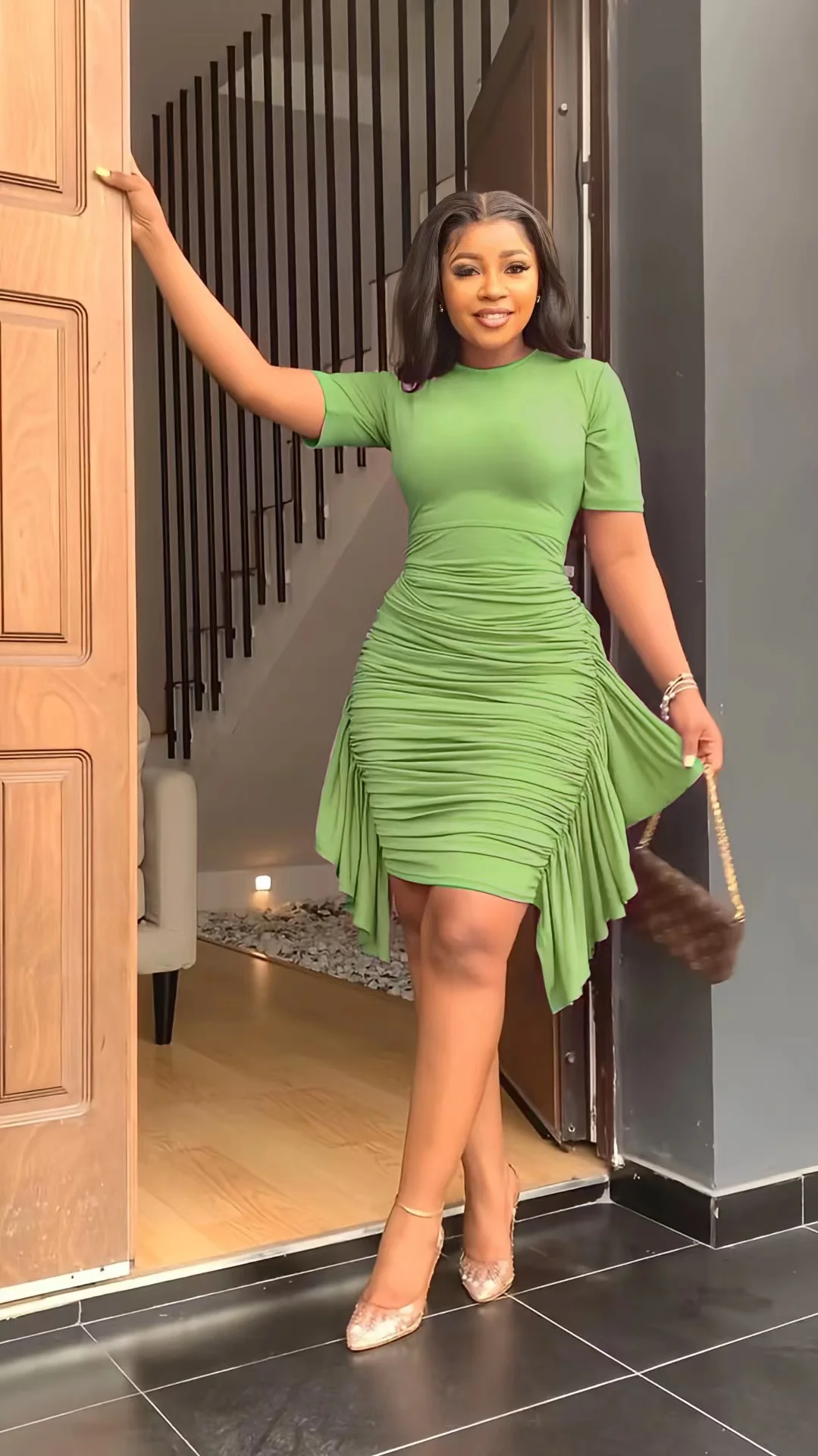 J&H 2022 summer short sleeve career dresses ladies elegance bodycon ruched dress with side fringe causal dress chics for women