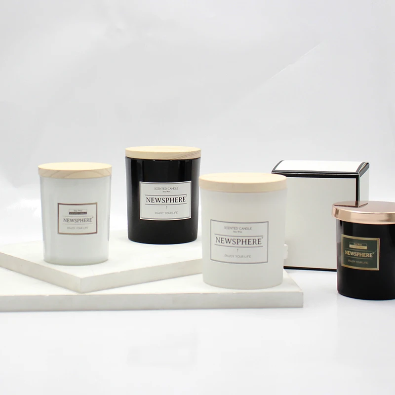 8oz 10oz Nordic Matte Frosted Empty 300ml 400ml White Black Glass Candle Jar with Wooden Silver Gold Lid and Boxes