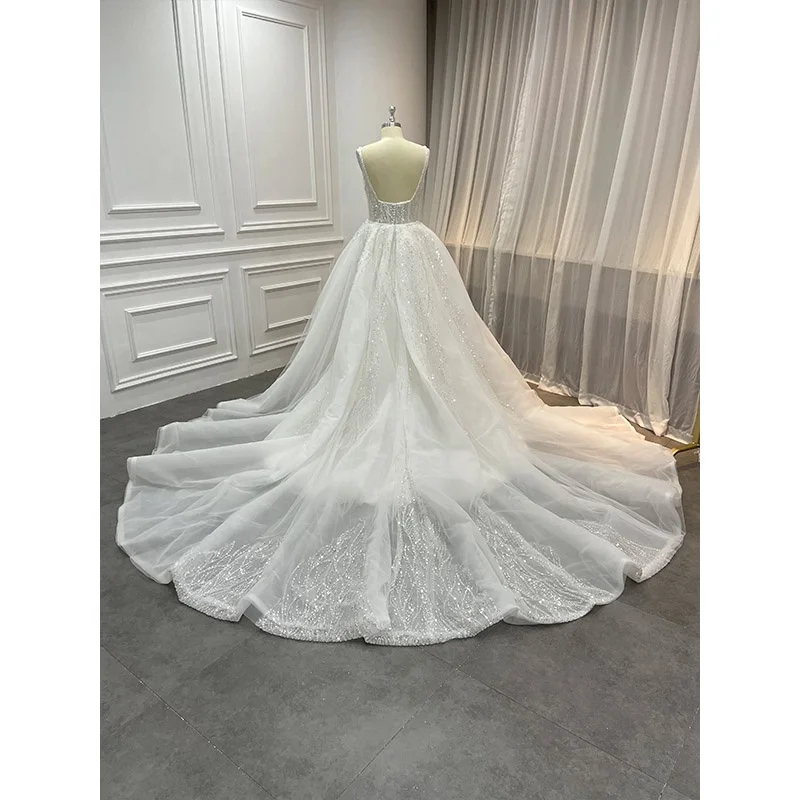 Factory Bridal Glitter Sequins Luxury Gown Vestido De Novia Heavily Beaded Lace Mermaid Wedding Dresses with Detachable Train