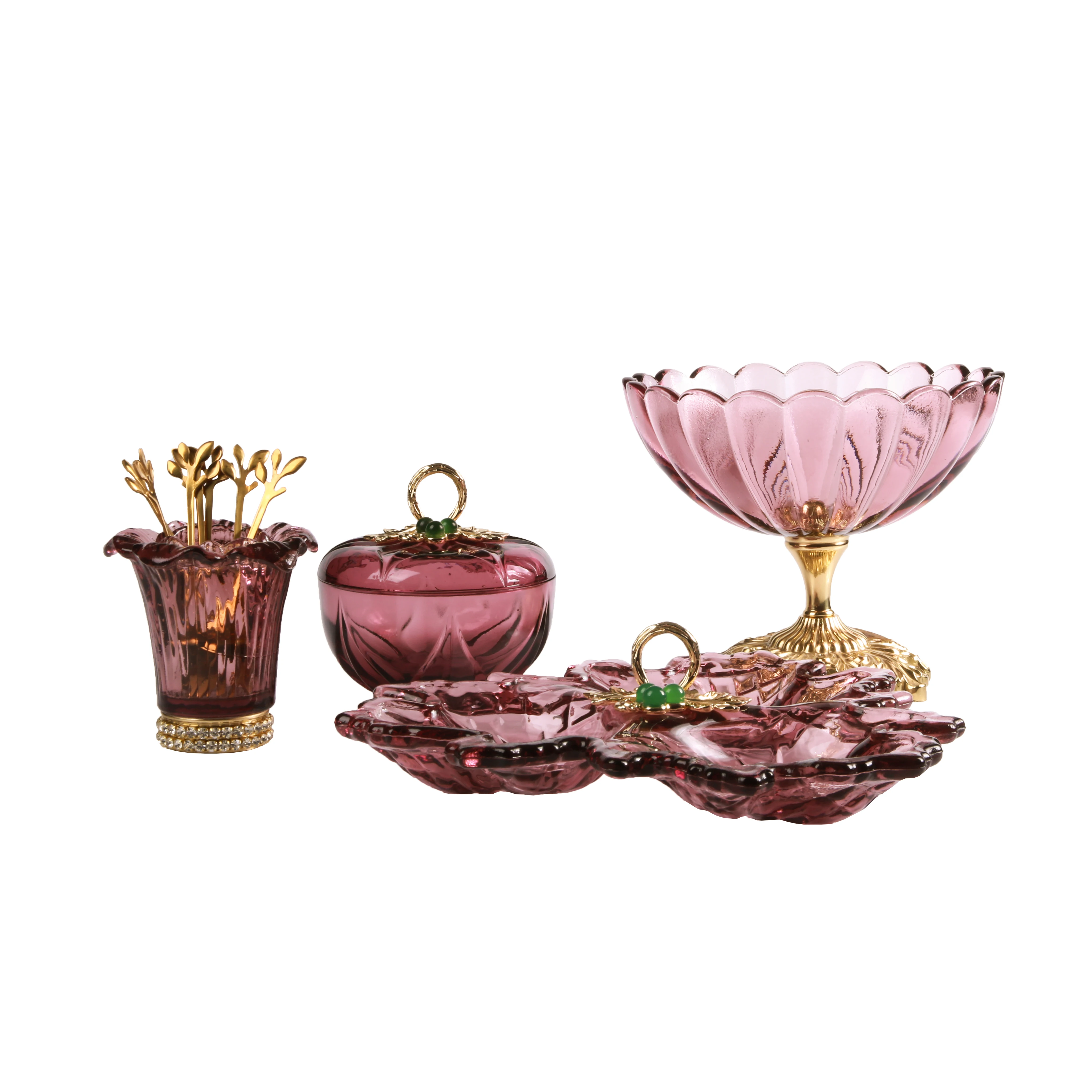 Wholesale high quality crystal compote set toothpick box tray round compote transparent glass fruit dish set