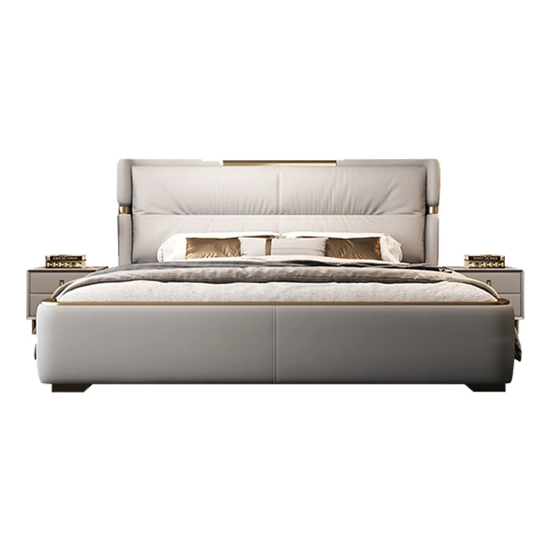 Modern Leather Villa Bed Frame Italian King Double Upholstered Lit Complet Wood Full Size Bedroom Furniture Set