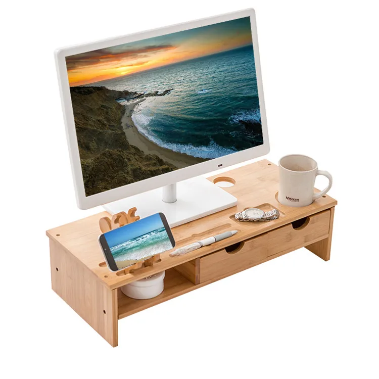 
 Настольный органайзер стоя стол бамбуковый ноутбук ПК компьютер подставка для монитора 2 слоя с 2 ящиками-натуральный  