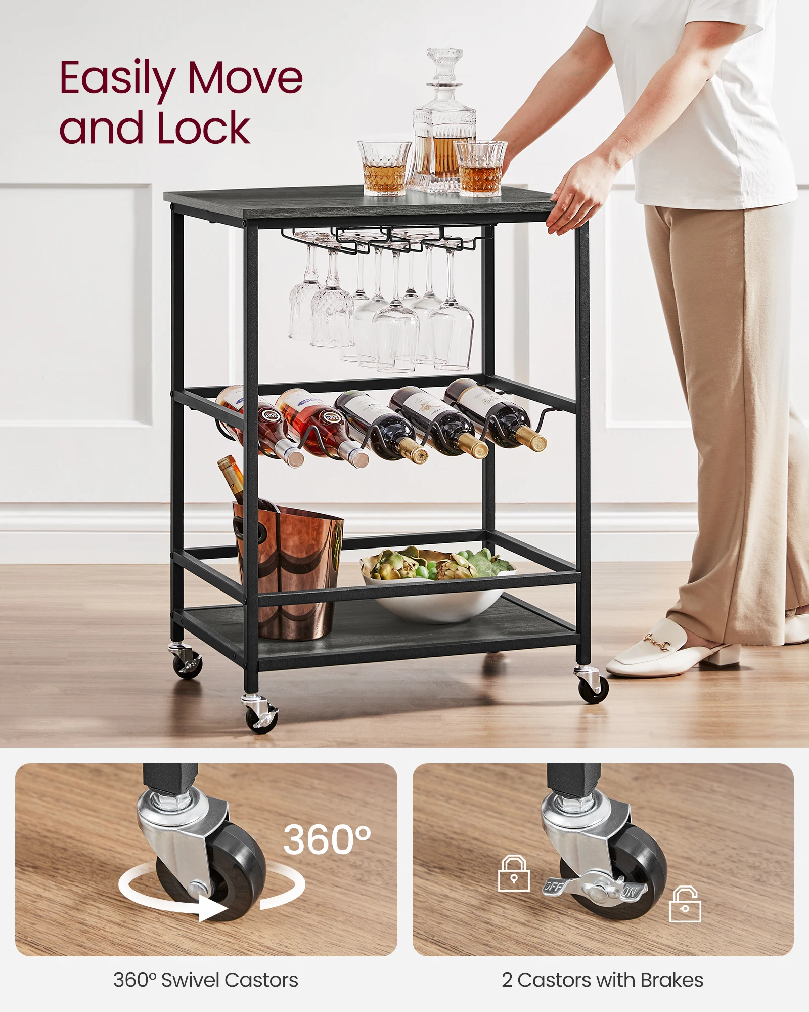 VASAGLE Mobile Microwave Cart on Wheels 3-Tier Rolling Wine Carts with Wine Rack and Glass Hold Bar Carts for Home