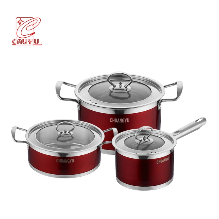 6Pcs Red Italian Stainless Steel Cooking Pot And Pan Cookware Set For Induction Cooker