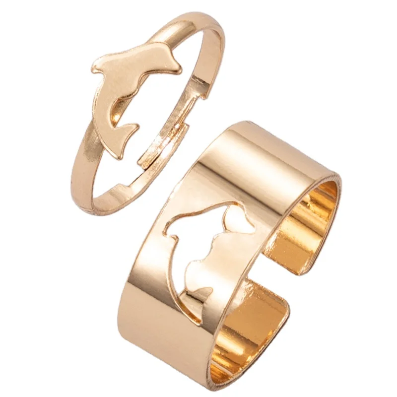 Hot New Dolphin Ring Set, Creative Hollow INS Personality Punk Style Couple Ring Pair Ring