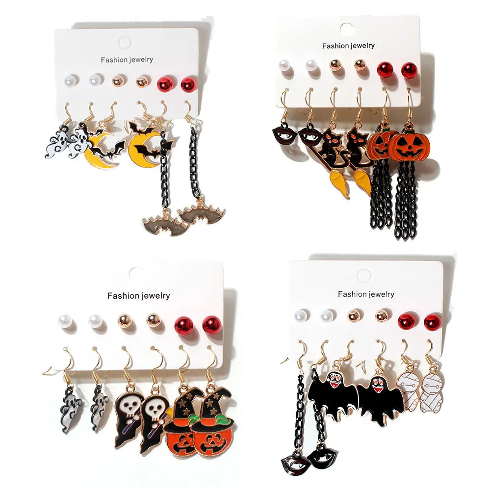 2023 new style Halloween Earrings Set Vintage Personalized new tide Pumpkin Mask Ghost Cat Earrings jewelry 6piece set Wholesale