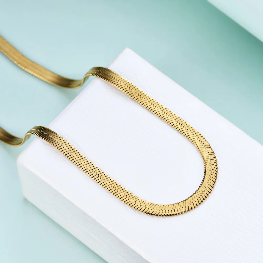 Wholesale 14k Gold Plated Herringbone Choker Chain Handmade Stainless Steel Flat Snake Chain Necklace