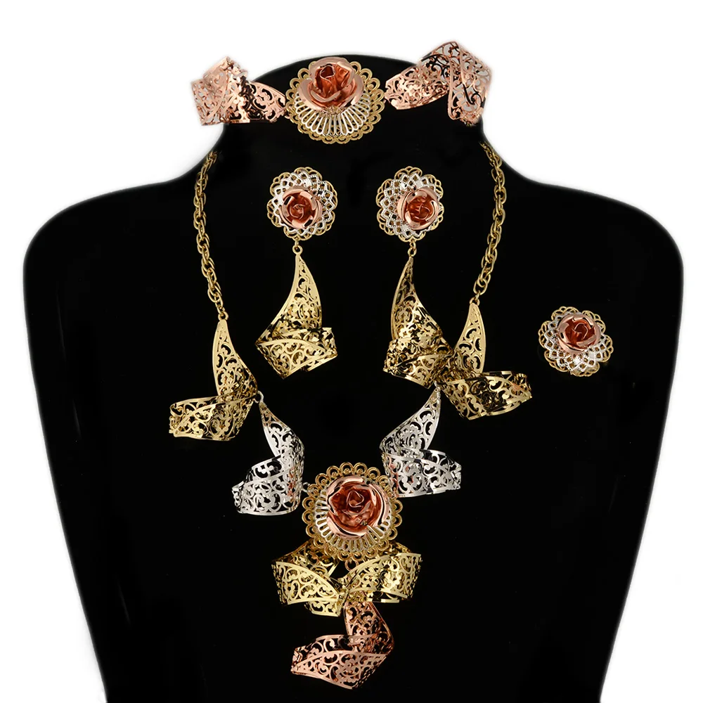 BPOYB 2021 Designer Jewelri For Woman High-end Fashion Magnificent 3 Tones Costume Necklace Set Dubai Gold Jewelry Sets