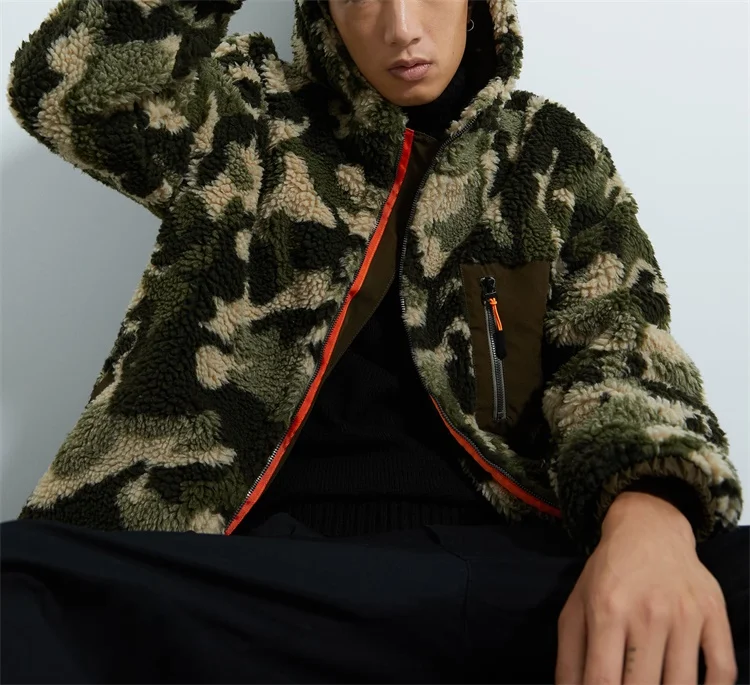 Custom men  fuzzy shearling berber fleece camo sherpa hoodie