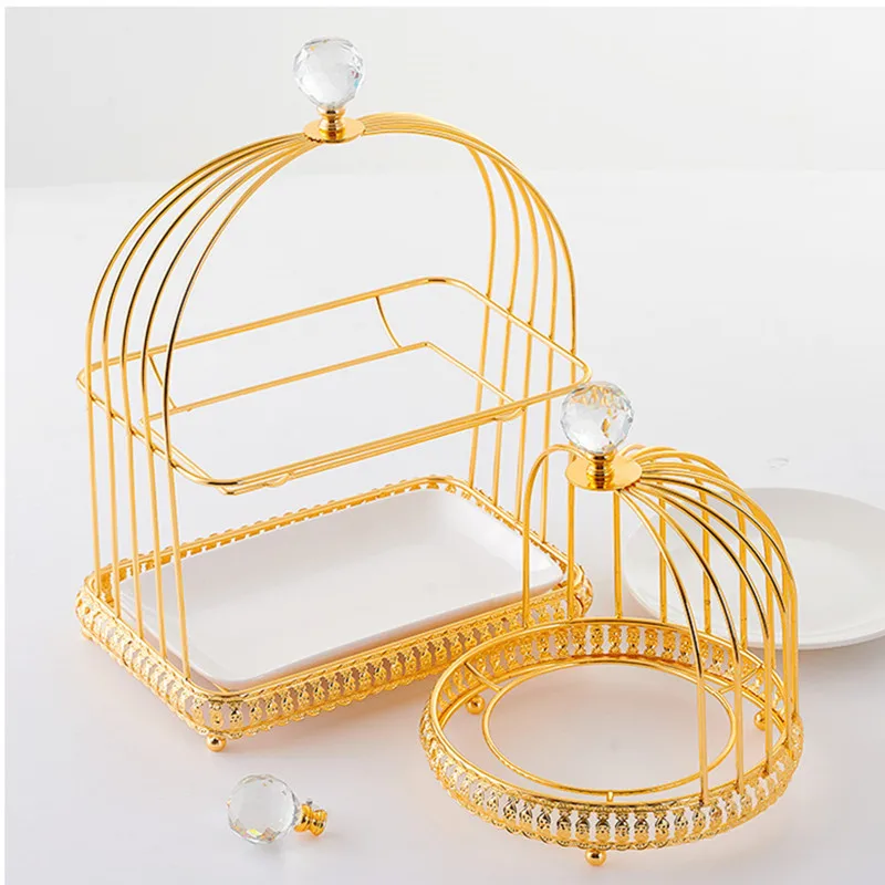 Luxury Crystal Food Tray Living Room Creative Birdcage-Shaped Iron Dessert Fruit Tray with White Ceramic Dishes