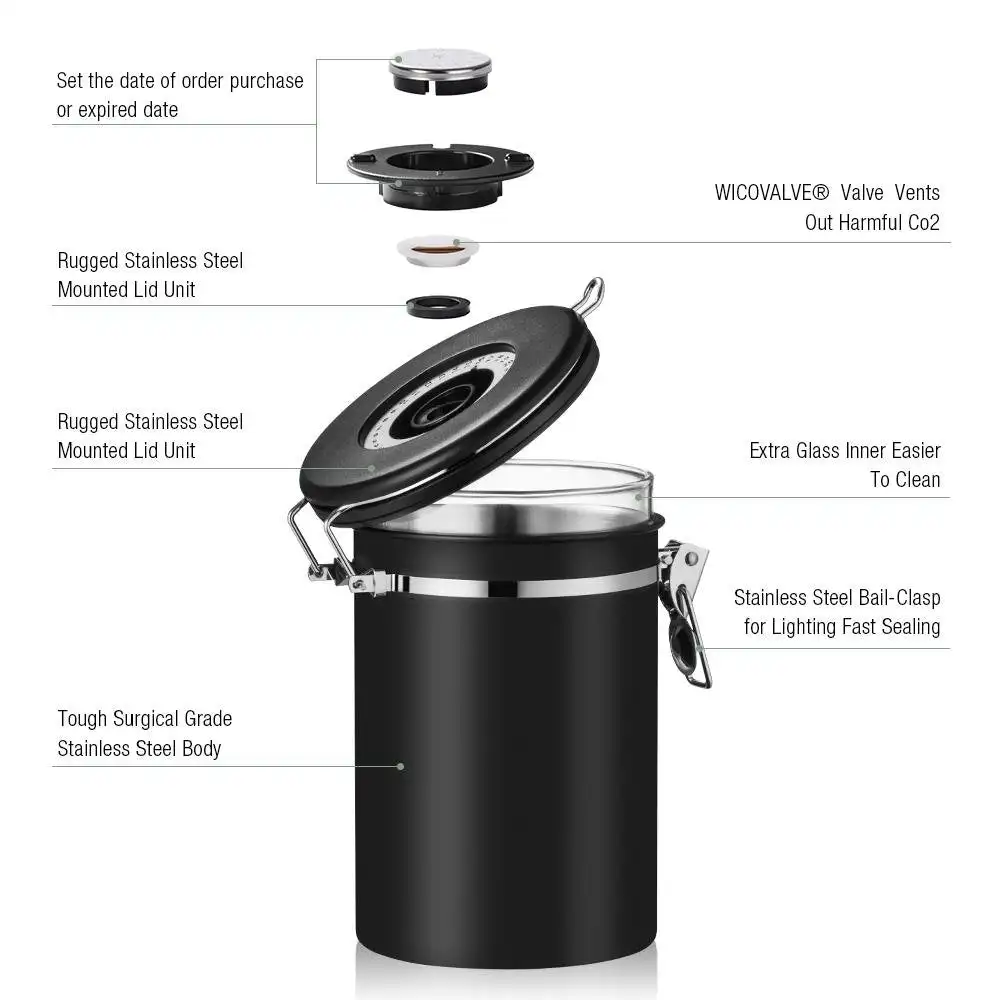 2022 New Classic Glass Inner Electric Auto Vacuum Stainless Steel Bail-Clasp Round Vacuum Coffee Canister For Home