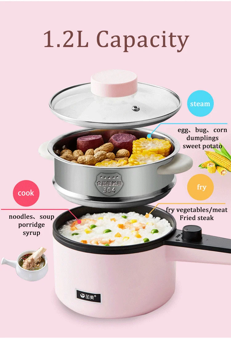 1.2L 5 in 1 Portable Household Mini Multi Automatic Electric Cooker Hot Pot Home Travel  Electric Skillet With Non-Stick Pan
