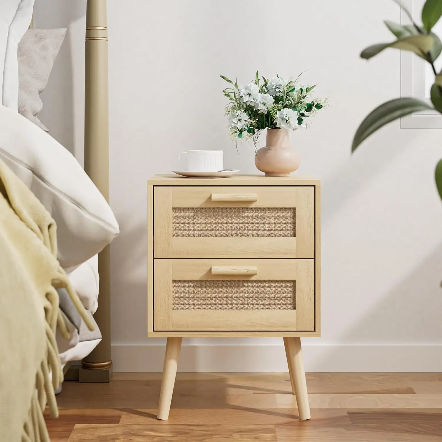 Modern Side Table Bedside Table with 2 Drawer  Hand Made Rattan Nightstand  for Bedroom and Living room