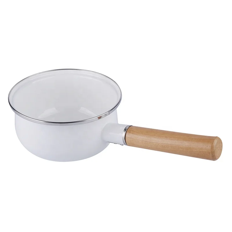 European eco white emamel milk pan coated metal cookware kitchen saucepans with single wooden handle