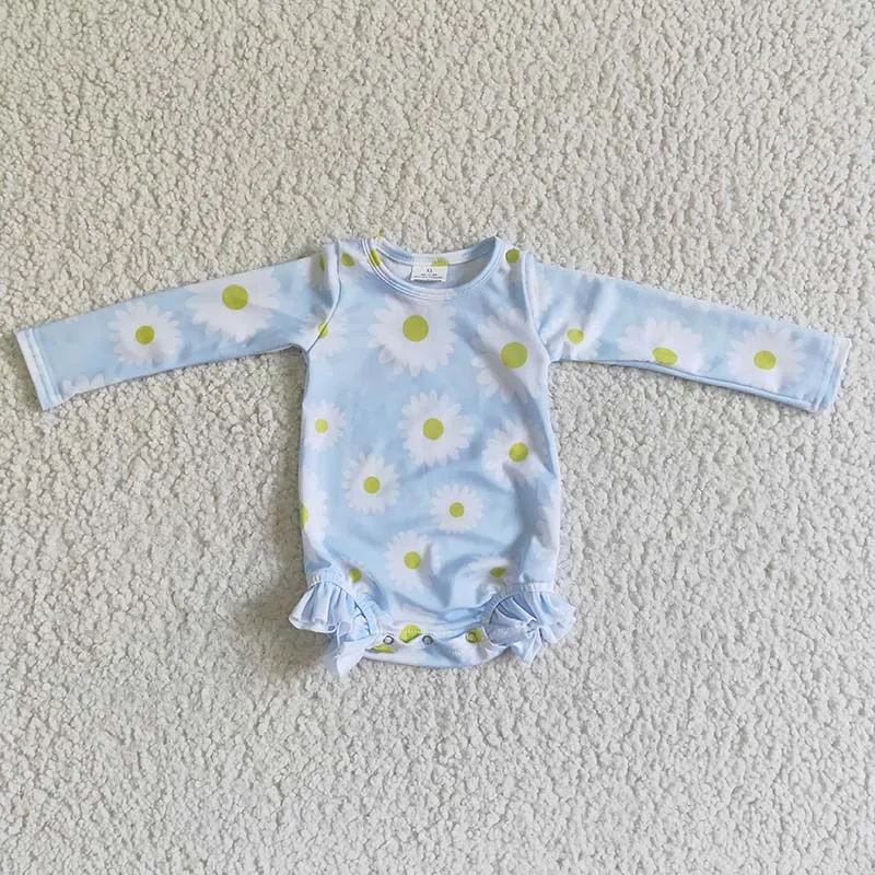 Baby Girls Summer Sunflower Clothes Bikini Light Blue Swimsuit Kids Ruffle Swimwear Wholesale Infant One-piece Toddler Romper