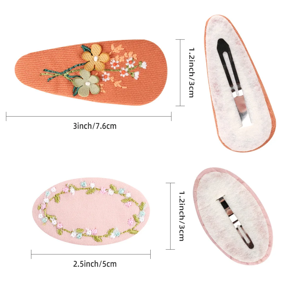 2Pcs Spring Hair Clips Sweet Girls Floral Fabric Oval BB Barrettes Cute Embroidery Flower Hairpin Kids Hair Accessories Set