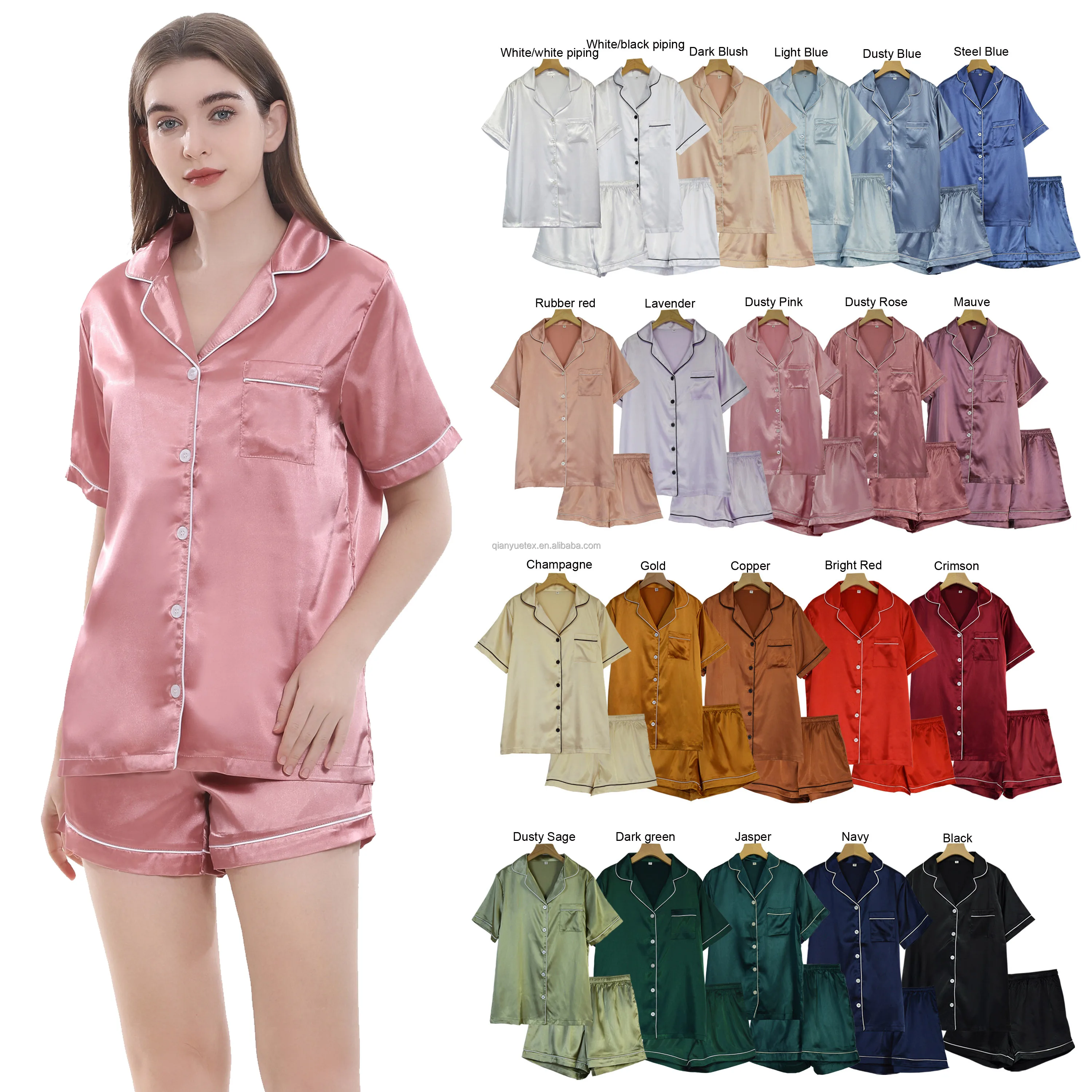 High Quality Silk Soft Women Pajamas Short Sleeve Satin Pajama Set Sleepwear