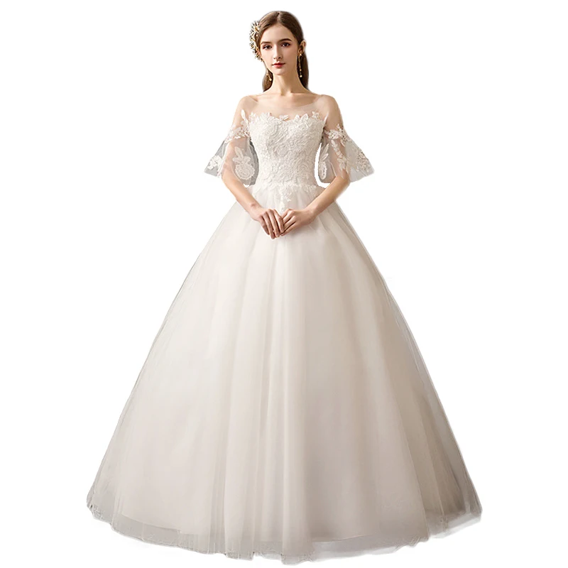 Elegant A-line bell sleeve Floor-length Bridal Gown white Organza Wedding Dress