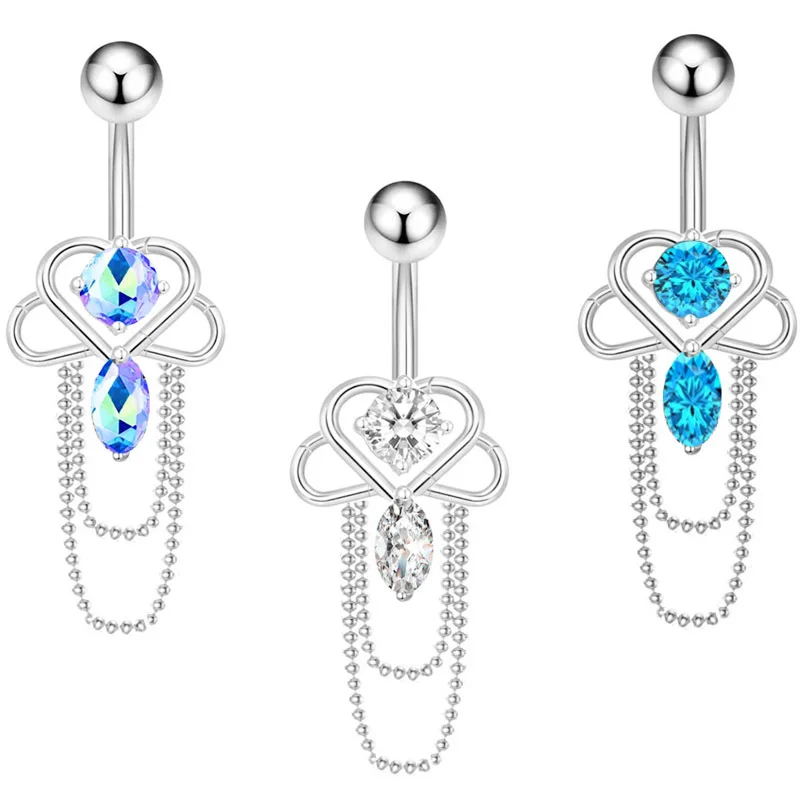 Hot Sale Love Heart Tassel Crystal Stainless Steel Belly Button Fashion Surgical Steel Dangle Navel Piercing Belly Rings