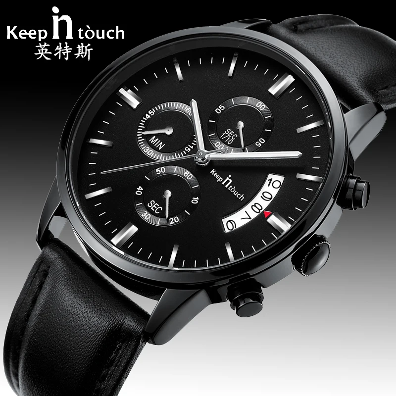 black leather Japan movement quartz watch businessmen male wristwatch waterproof night sight