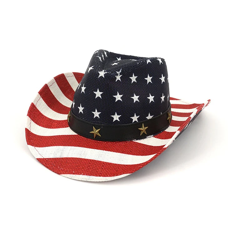 manufacture sublimation american flag men cap custom logo summer cool outdoor big brim foldable straw hat cheap bulk cowboy hat