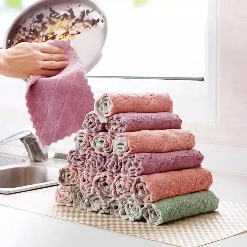 Kitchen Double-sided Cleaning Cloth Thickened Plus-sized Coral Fleece Dishcloth Absorbent Oil-free Cleaning Bowl