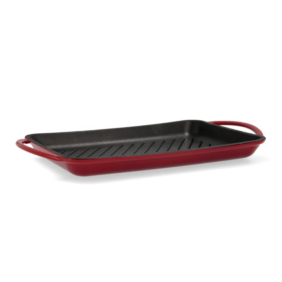 kitchen non stick rectangle enameled cast iron rectangular stove top bbq griddle plate grill pan with two handles