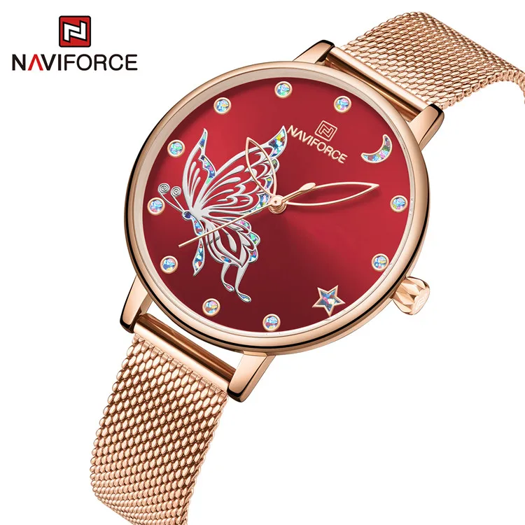 NAVIFORCE 5011 Brand Women Watches Fashion Ladies Quartz Watch Bracelet Set Fancy Butterfly Dial Luxury Rose Gold Mesh Watch