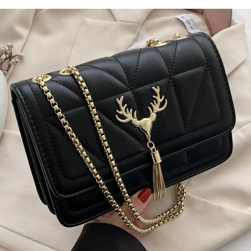 2021 latest trendy PU leather embroidery thread ladies hand bag women luxury elk antlers lock designer handbag with chain