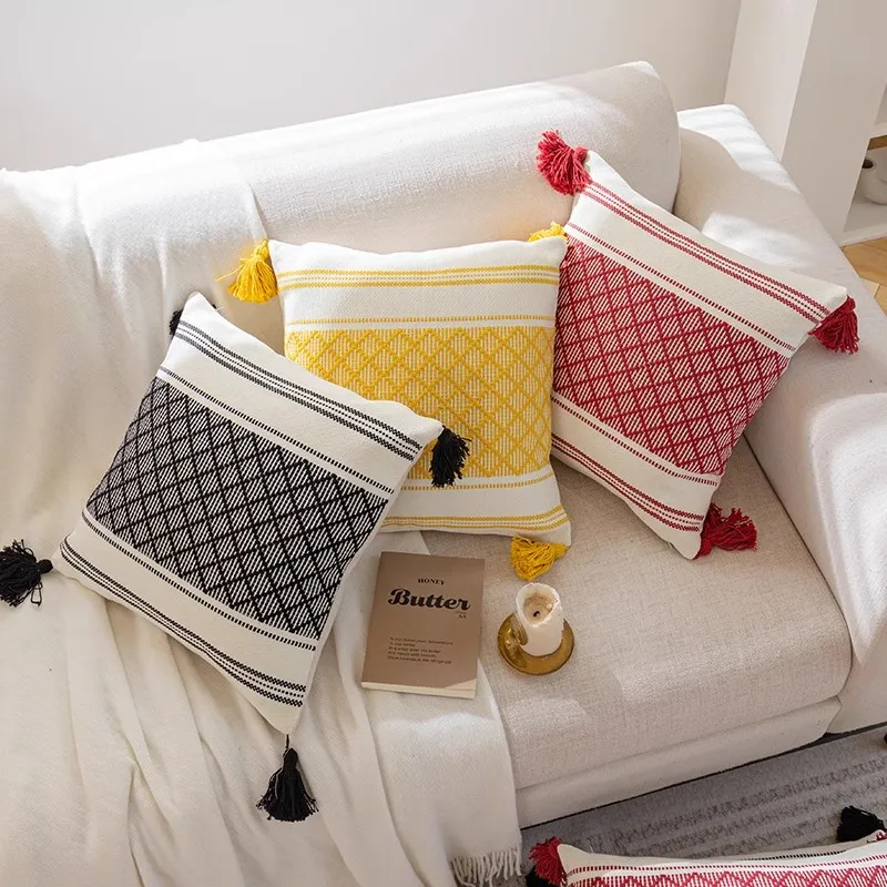 Bohemian Tassel Cotton Woven Pillow Simple Geometric Stripe Cushion Cover Living Room Sofa Christmas Printed Knitted Model Room