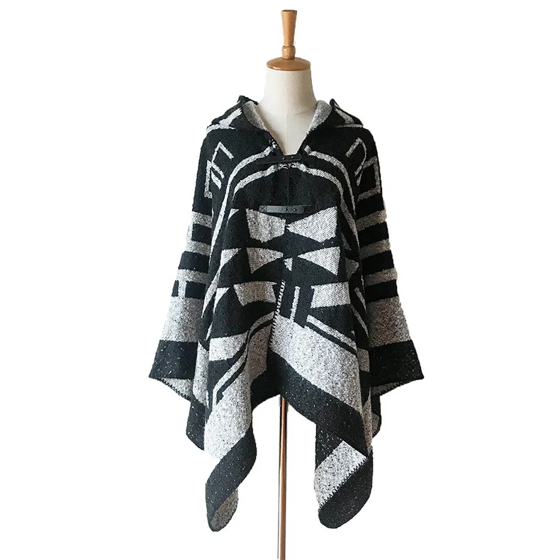 2020 ladies big size fashion autumn and winter new style hooded cape leather button black geometric loop yarn Scarf Shawl