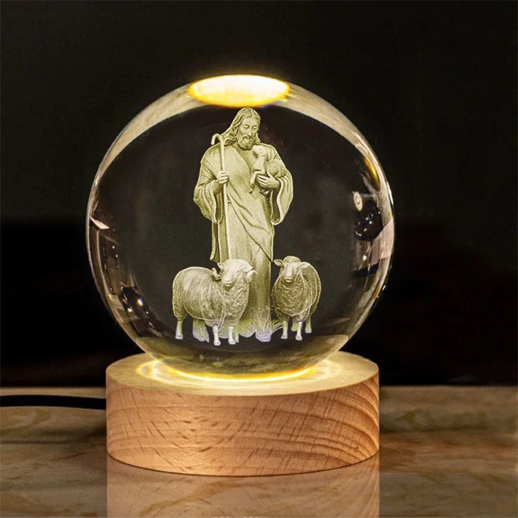Wholesale 80mm Jesus    Crystal Ball Night Light Ornaments 3d Crystal Ball Lamp with led Base